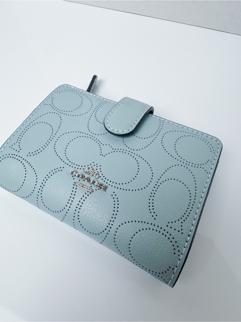 Coach - Seafoam Perforated Signature Leather Medium Corner Zip Wallet